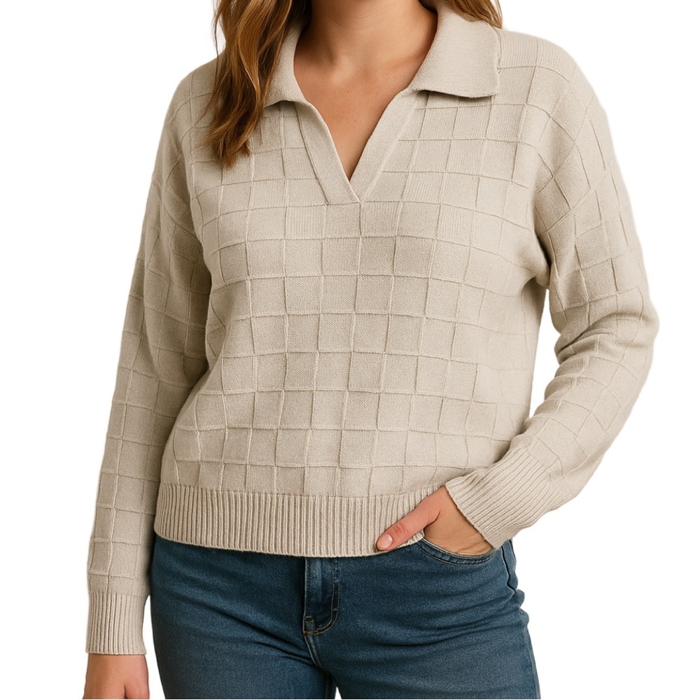 Truth by Republic Textured Collared Knit Geometric Square Cream Sweater, Size M